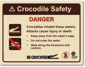 Crocodile safety sign for use in areas where visitors likely to walk along foreshore, but do not fish or launch boats or camp 